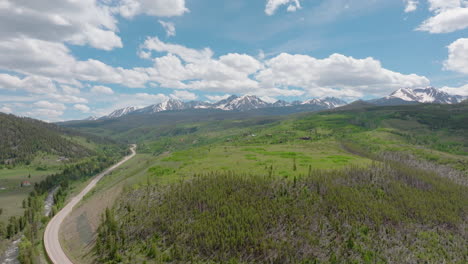 Aerial-view-pan-left-of-beautiful-Colorado-mountain-range-with-snow-capped-peaks-on-a-sunny,-blue-sky-day-in-the-summer-with-green-fields,-trees,-and-mountain-homes