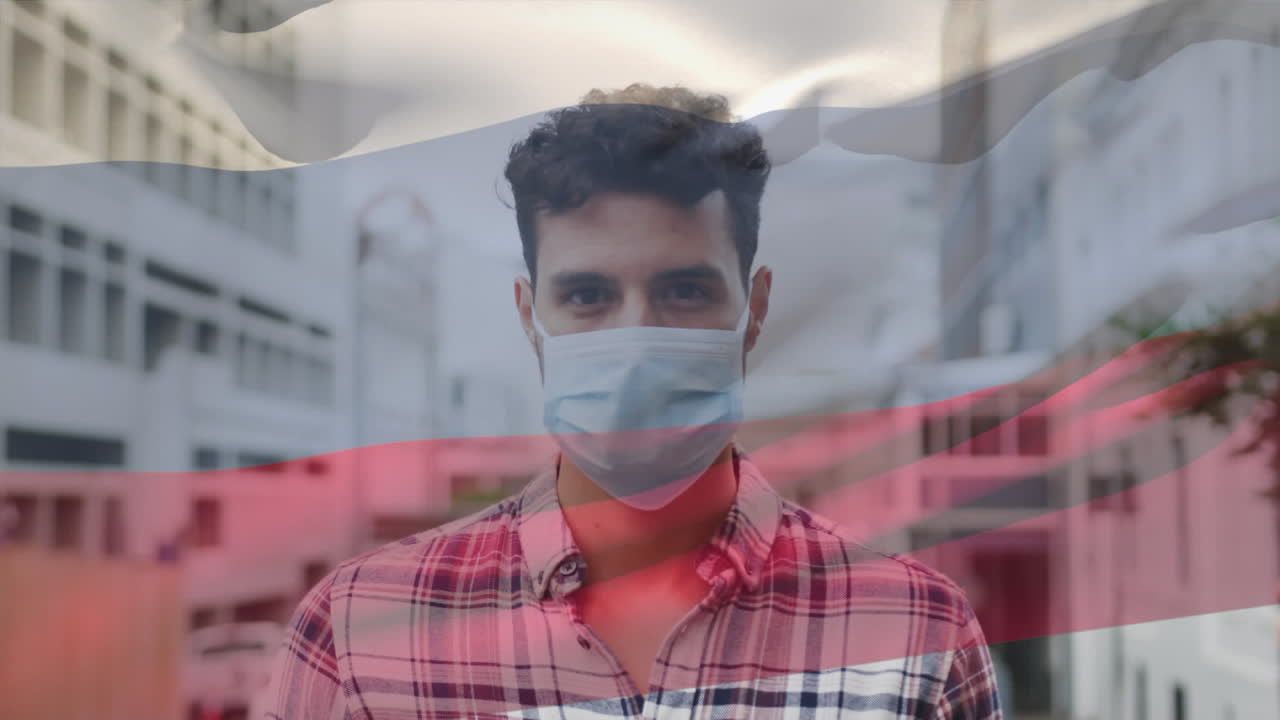 얼굴 마스크를 쓴 라틴인 남자가 러시아 국기를 흔들고 있는 애니메이션