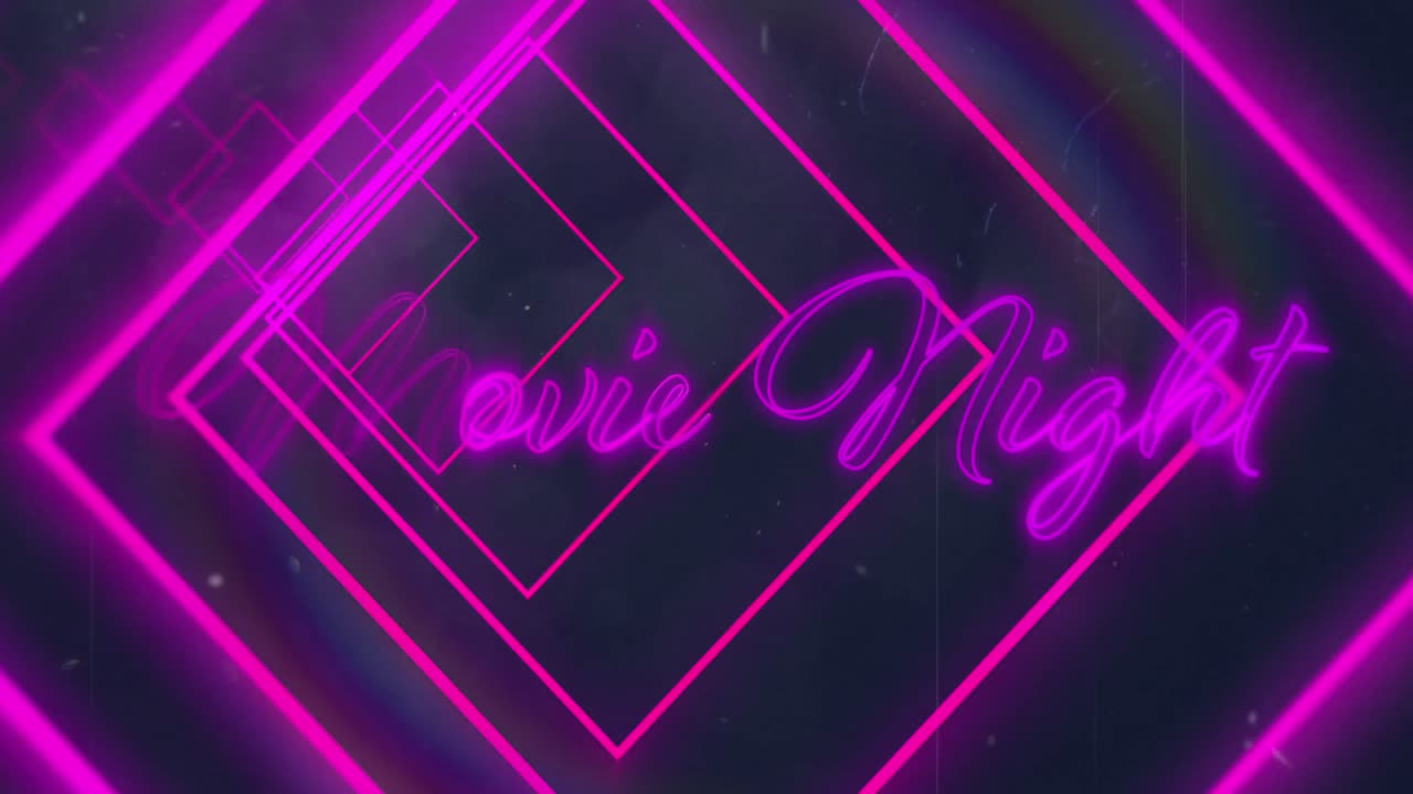 Animation of pink neon geometrical shapes over movie night text