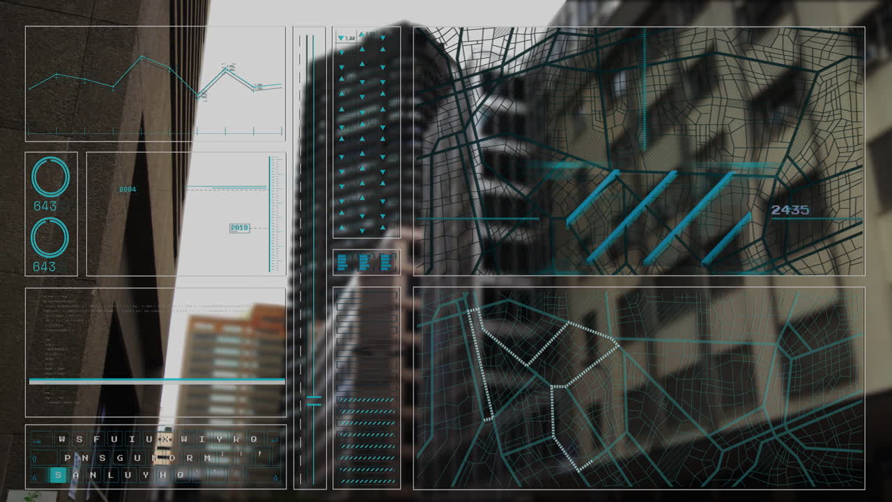 Futuristic data visualization animation over urban cityscape with skyscrapers