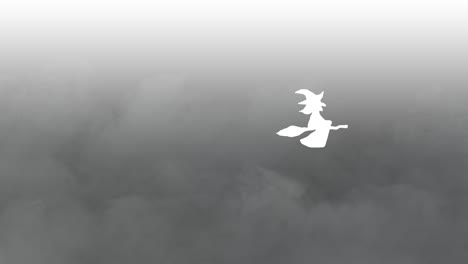 halloween animation white witch flying on broomstick over gradient background white and black