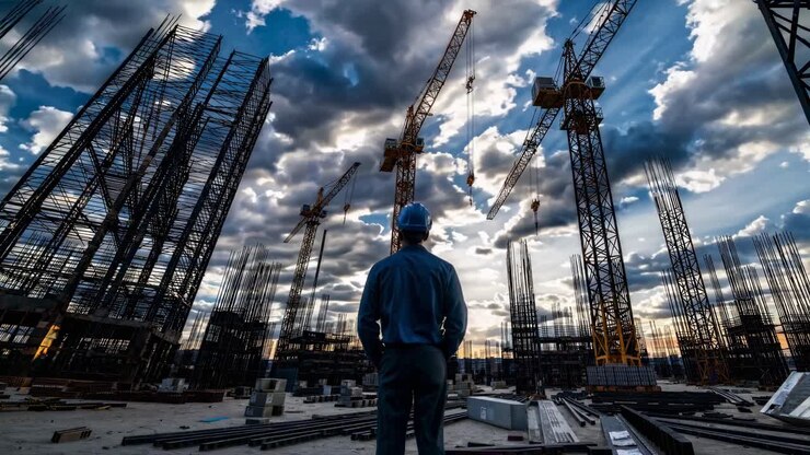 A video showcasing a construction site with cranes and a worker in a hard hat, captured dramatically