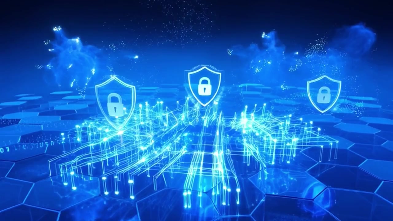Digital Cybersecurity Concept with Glowing Data Shields and Hexagonal Grid