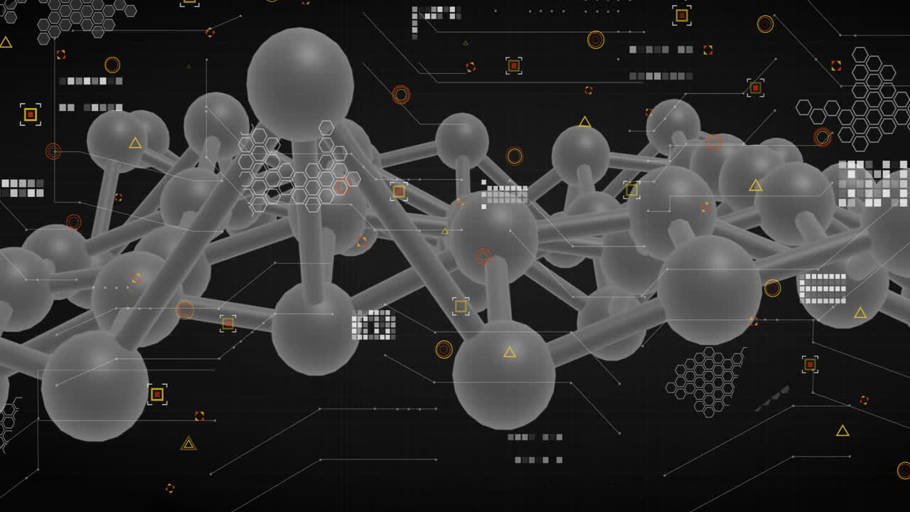 Molecular structure and data visualization animation over black background