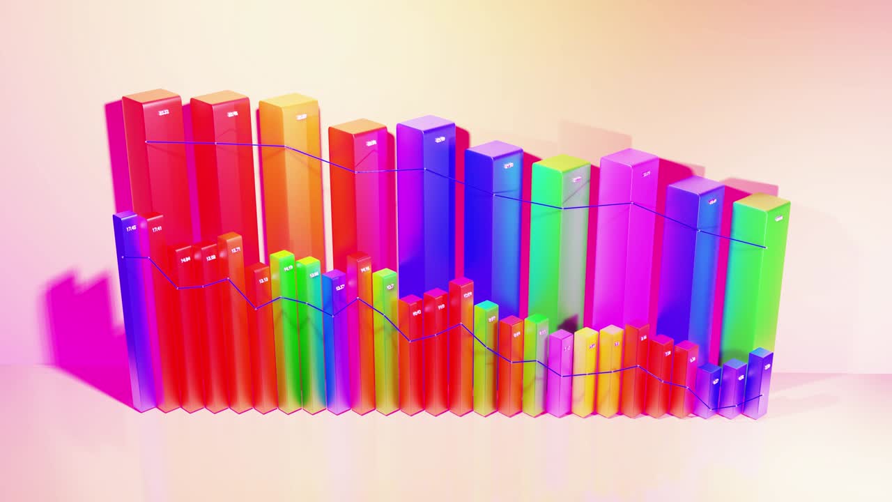 다채로운 3d 바와 함께 추상적인 루프 인포그래픽 배경: 열에서 다운그레이드 그래프: 4k의 복사 공간과 함께 경제 배경: 통계 데이터의 차트로 3d 바