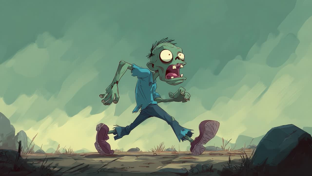 A Hilariously Animated Zombie Escapes in a Chaotic Chase Across a Spooky Landscape Filled with Stones and Overgrown Grass