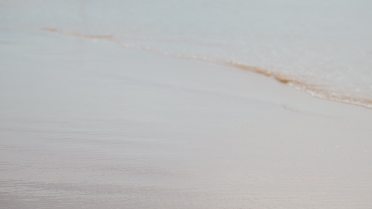 Blid bølge skyller ind over bleg sandstrand, minimalistisk nærbillede af vådt sand og gennemsigtigt skum, bløde pastelfarver, roligt morgenlys, subtile refleksioner og delikate krusningsteksturer ideel til meditation
