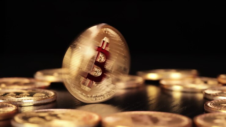 Monete di criptovaluta Gold Bit Coin BTC su sfondo nero. Bitcoin è una criptovaluta mondiale e un sistema di pagamento digitale chiamato la prima valuta digitale decentralizzata.