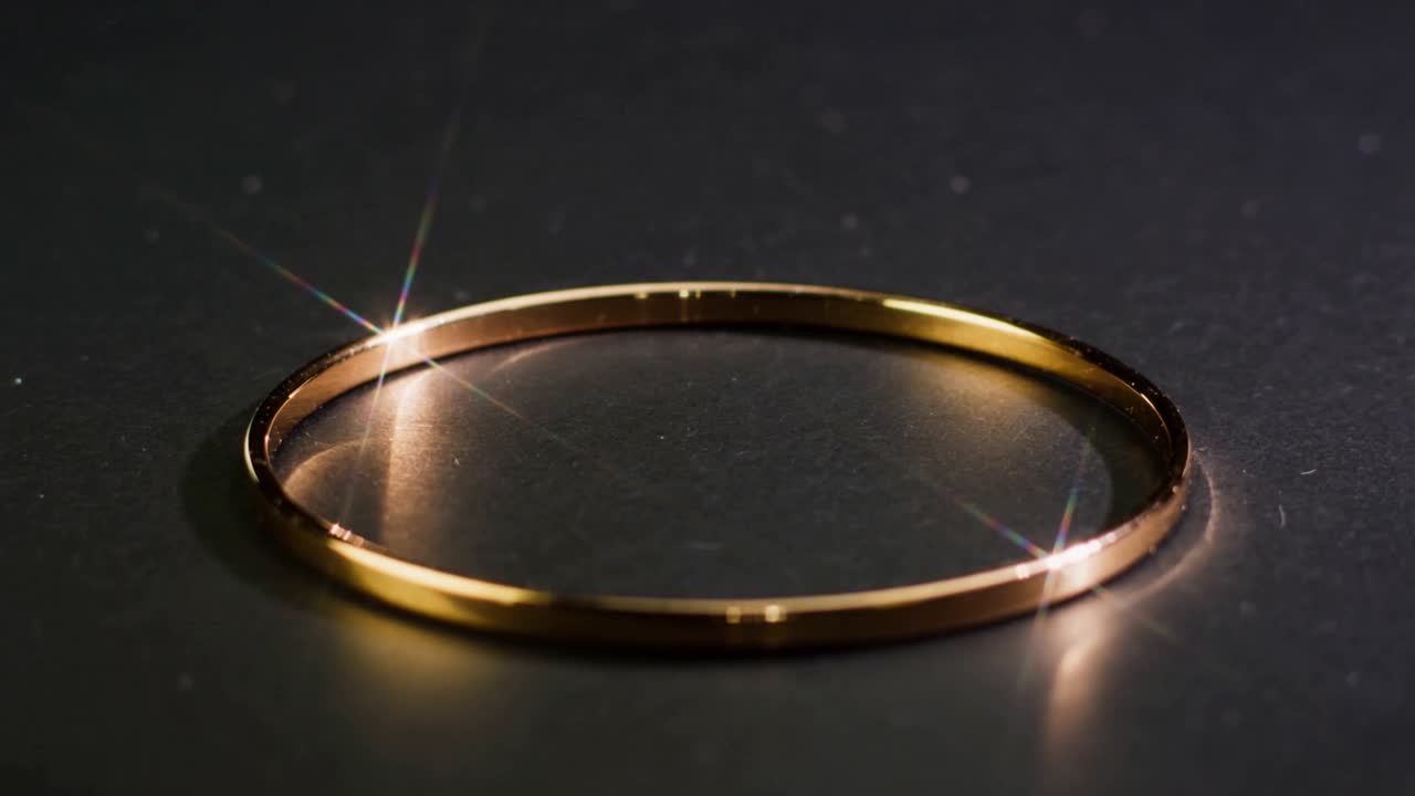 Video verticale: Luce in movimento che scivola su un braccialetto d'oro, creando bagliori e scintille per pubblicità di gioielli.