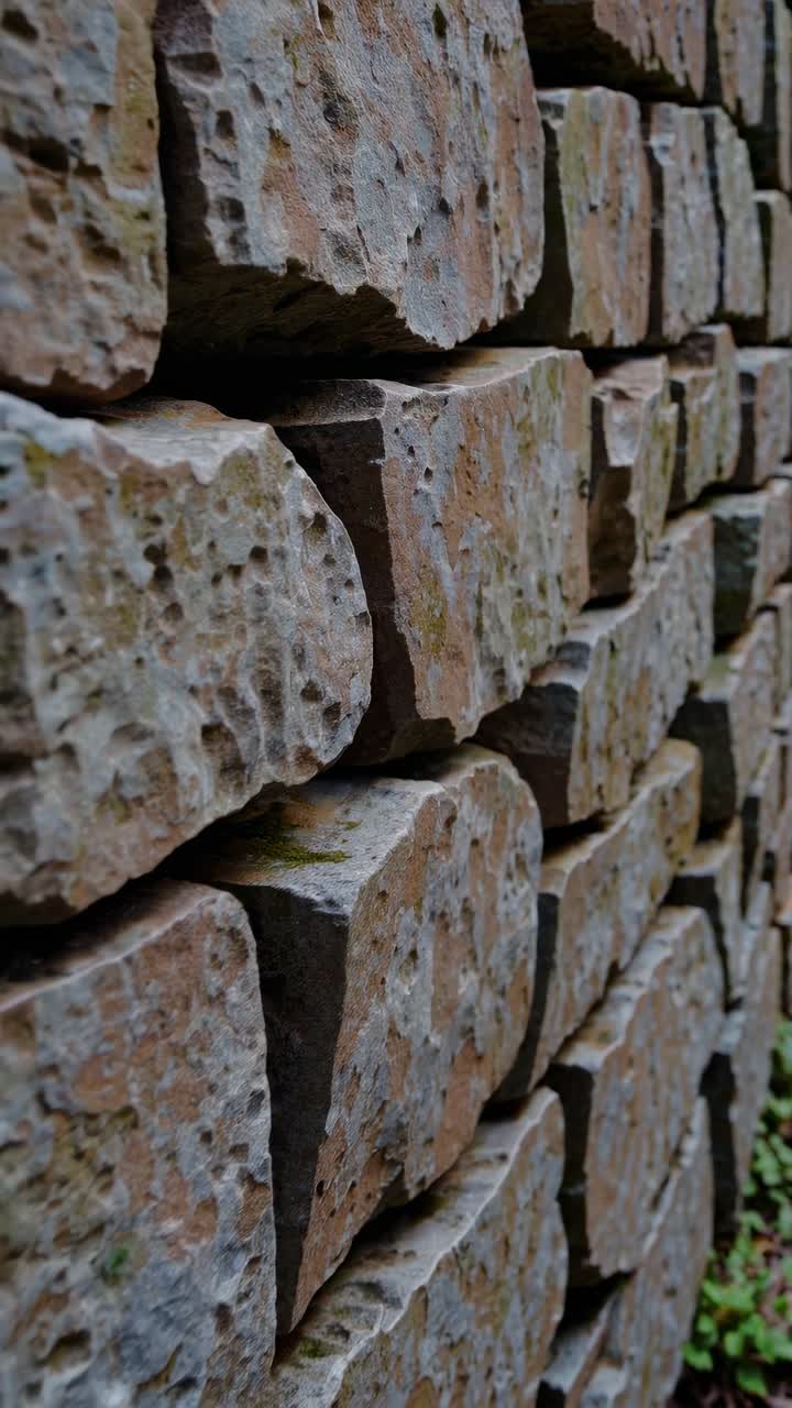 Close-up video of a textured stone wall, shot from a low angle, highlighting the rugged surface