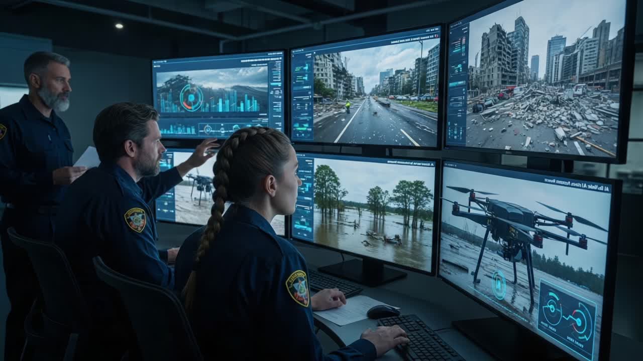 Emergency Response Team Analyzing Disaster Scenarios with Advanced Technology: A Close Look at Crisis Management Operations in a High-Tech Command Center