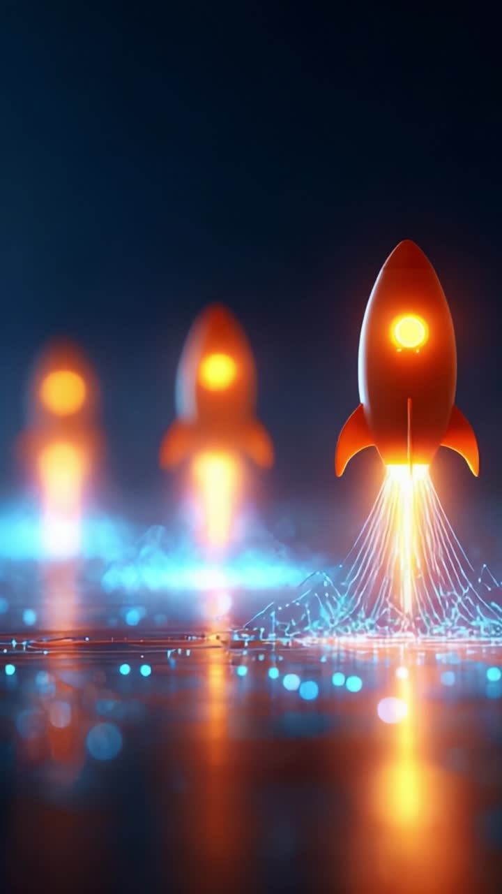 A captivating display of futuristic rockets launching with vibrant flames and dynamic light, representing innovation and exploration in technology and space travel