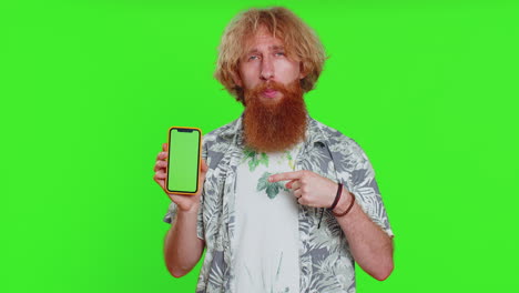 Developer-man-guy-hold-smartphone-with-green-screen-chroma-key-mock-up-recommend-good-application
