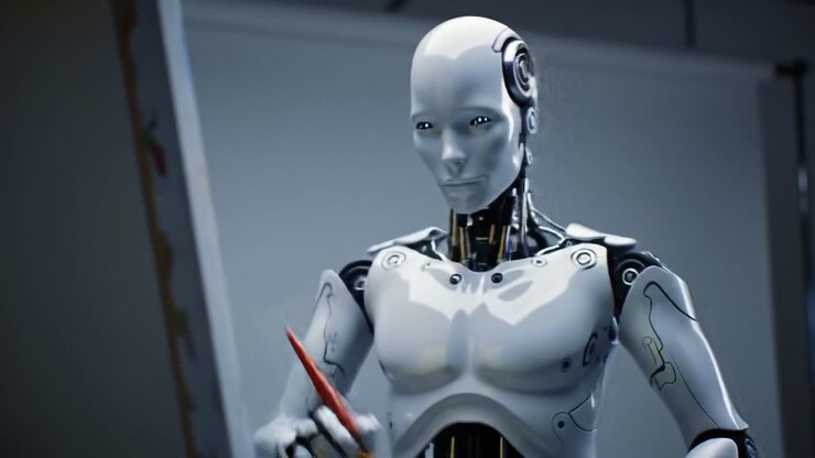 A sleek robotic figure skillfully captures creativity in a digital realm, showcasing advanced artificial intelligence through artistic expression with precision tools