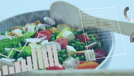 fresh salad ingredients with data processing animation overlaid on grid background