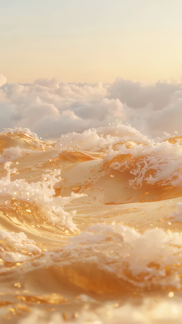 Vertical video: Surging golden waves pushing to lens at sea, sunlight creating foam, spray, clouds