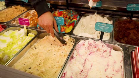 person scooping ice cream into a cone