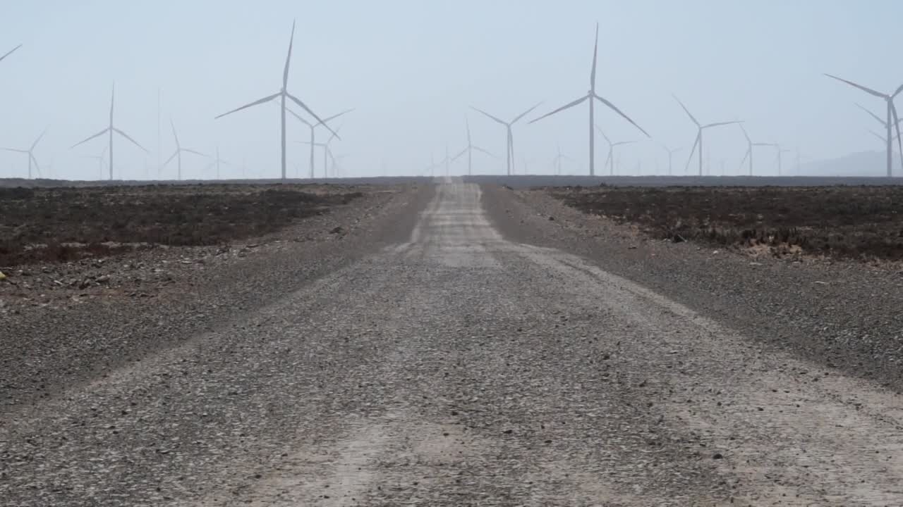 la imagen muestra un sendero en medio del desierto que conduce a un parque eólico