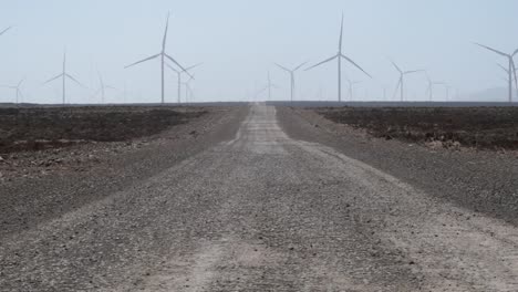 the image shows a trail in the middle of the desert leading to a wind farm