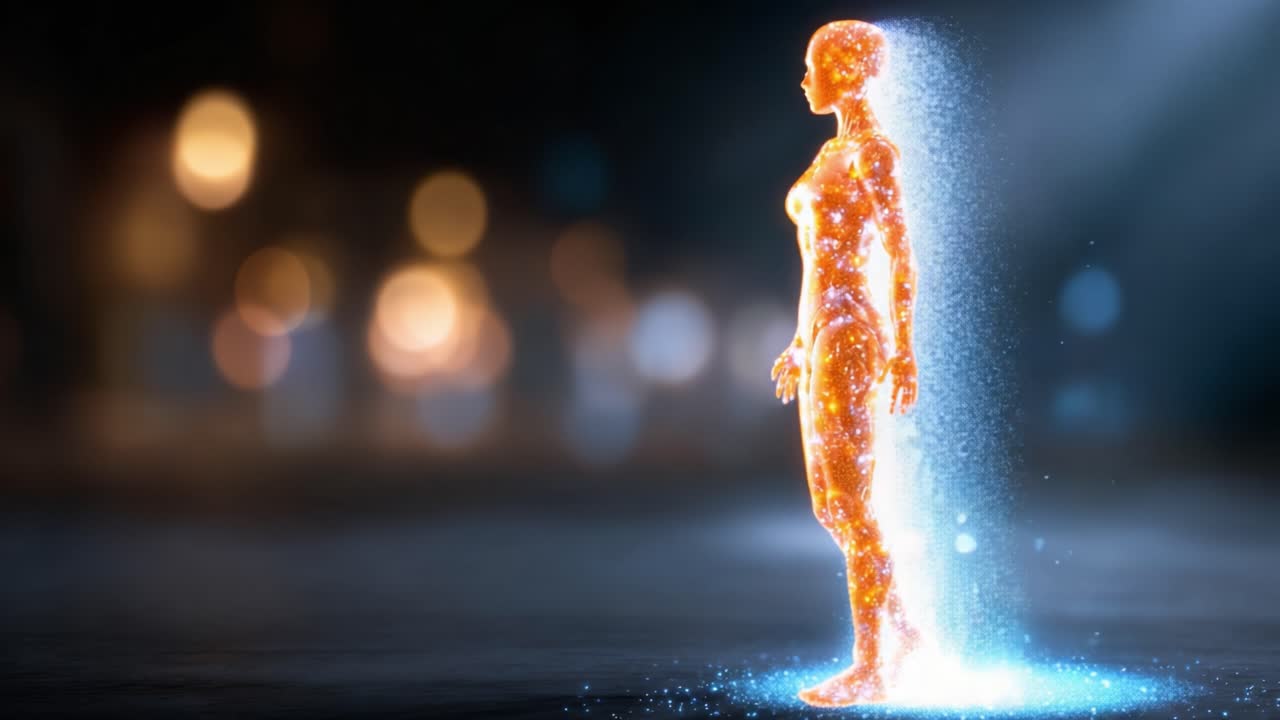 Una trasformazione affascinante di una figura umanoide eterea, che passa da una forma blu scintillante a una radiosa manifestazione arancione in un ambiente magico e futuristico