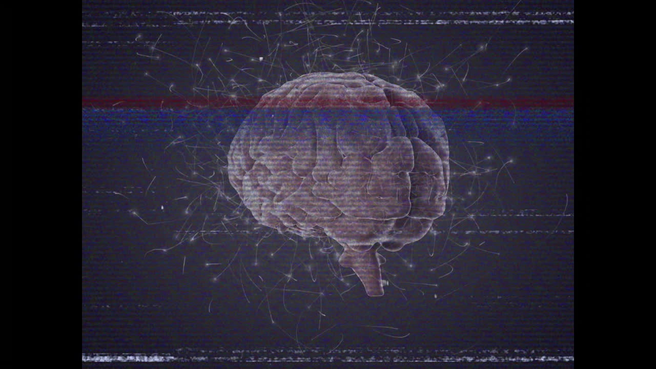 Animation of digital brain with glitch effects and abstract lines on dark background