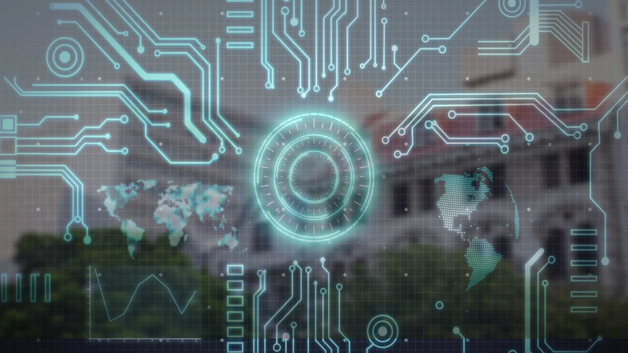 Digital circuit patterns and world map animation over blurred outdoor background