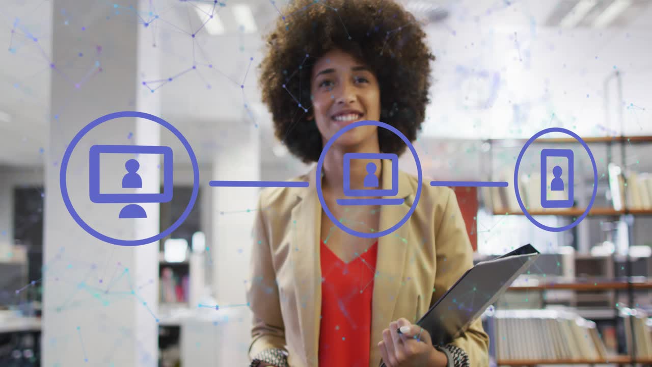 Tech professional glancing smartphone screen while device icons materializing linking network nodes
