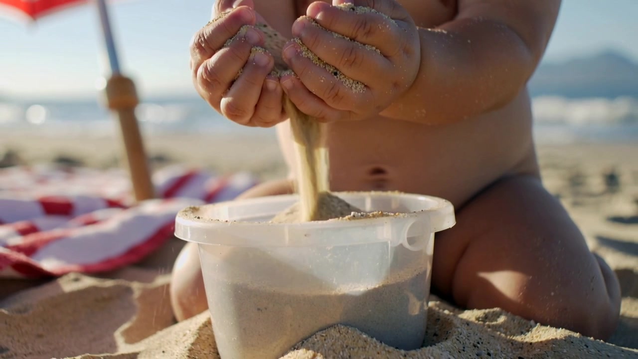 Ett blöjklätt spädbarn håller nävar med torr sand och låter sanden rinna ner för att fylla en plasthink på stranden.