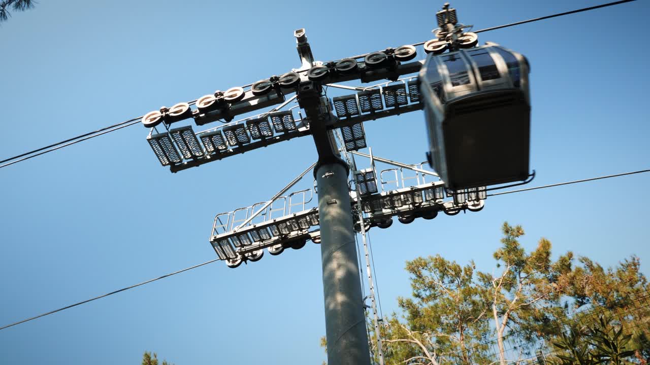cabañas móviles en la carretera de cable. funicular que se mueve sobre los árboles contra el cielo azul despejado. ascensor de teleférico moderno. mecanismo de soporte de la torre de la carretera de teleféricos con ruedas dentadas giratorias