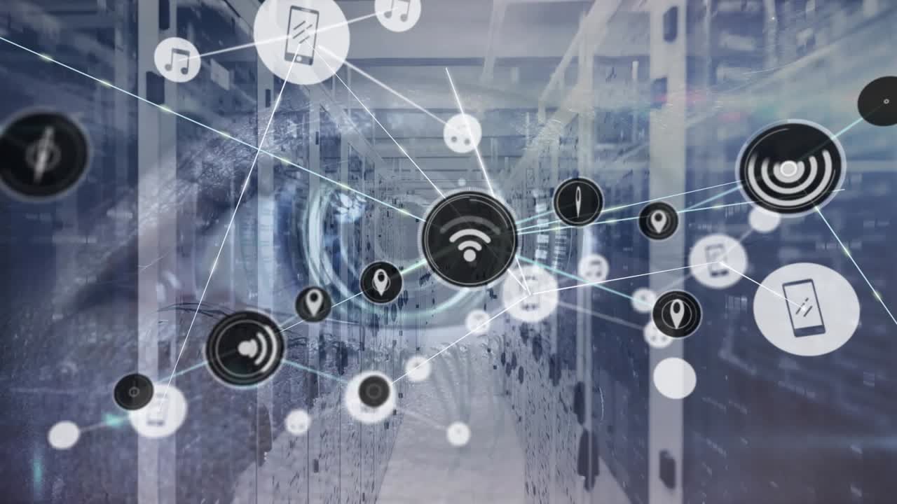 Animation af netværk af forbindelser med ikoner og databehandling over serverrum