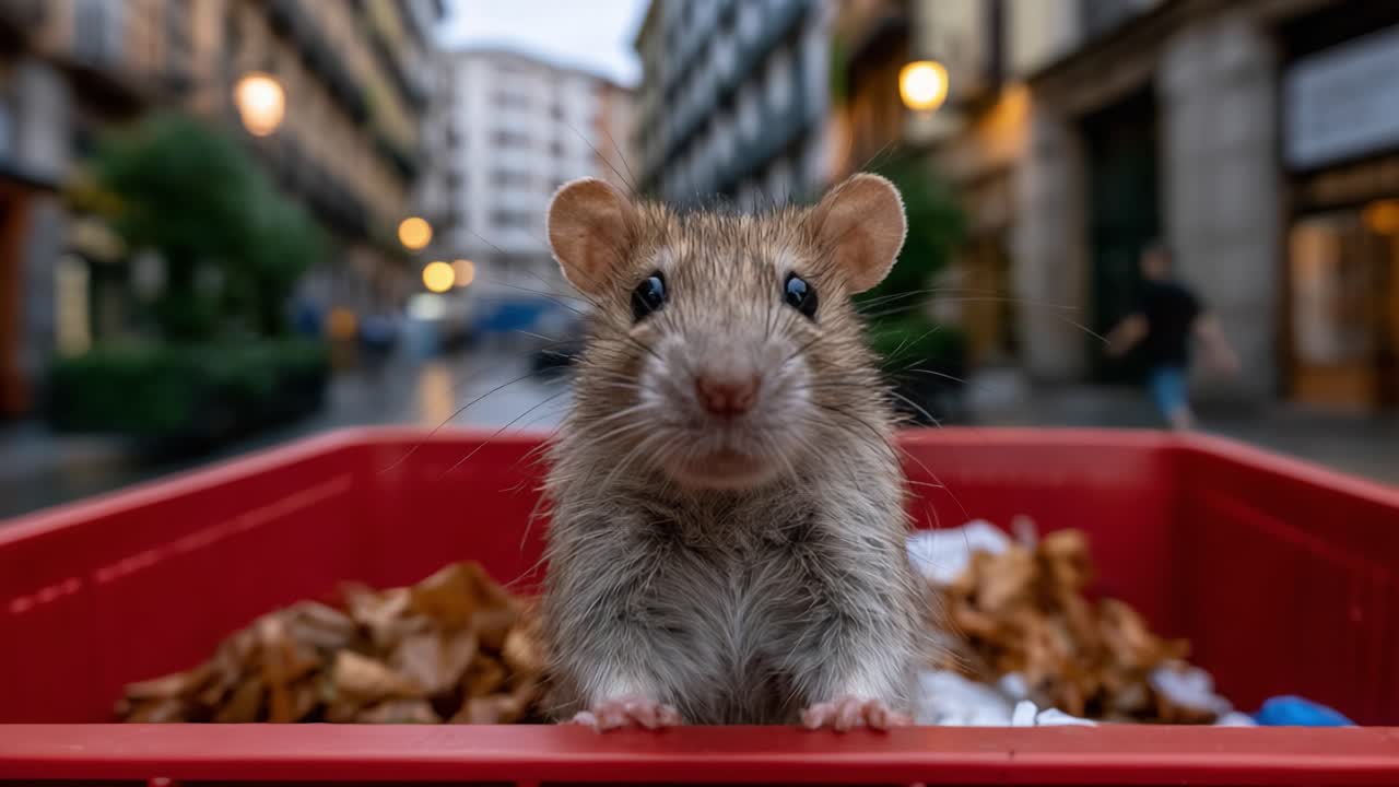 Un ratto curioso osserva il suo ambiente urbano dalla sicurezza di un bidone rosso, catturato in due momenti incantevoli della sua vita quotidiana nelle strade della città.