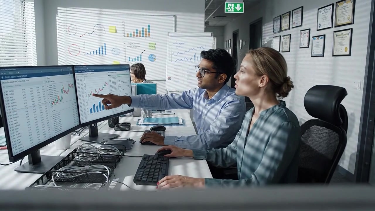 Fagfolk som analyserer finansielle data i et moderne kontormiljø med flere skjermer og grafiske visualiseringer av markedstrender og statistikk