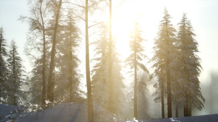 Splendid Christmas scene in the mountain forest. Colorful winter sunrise