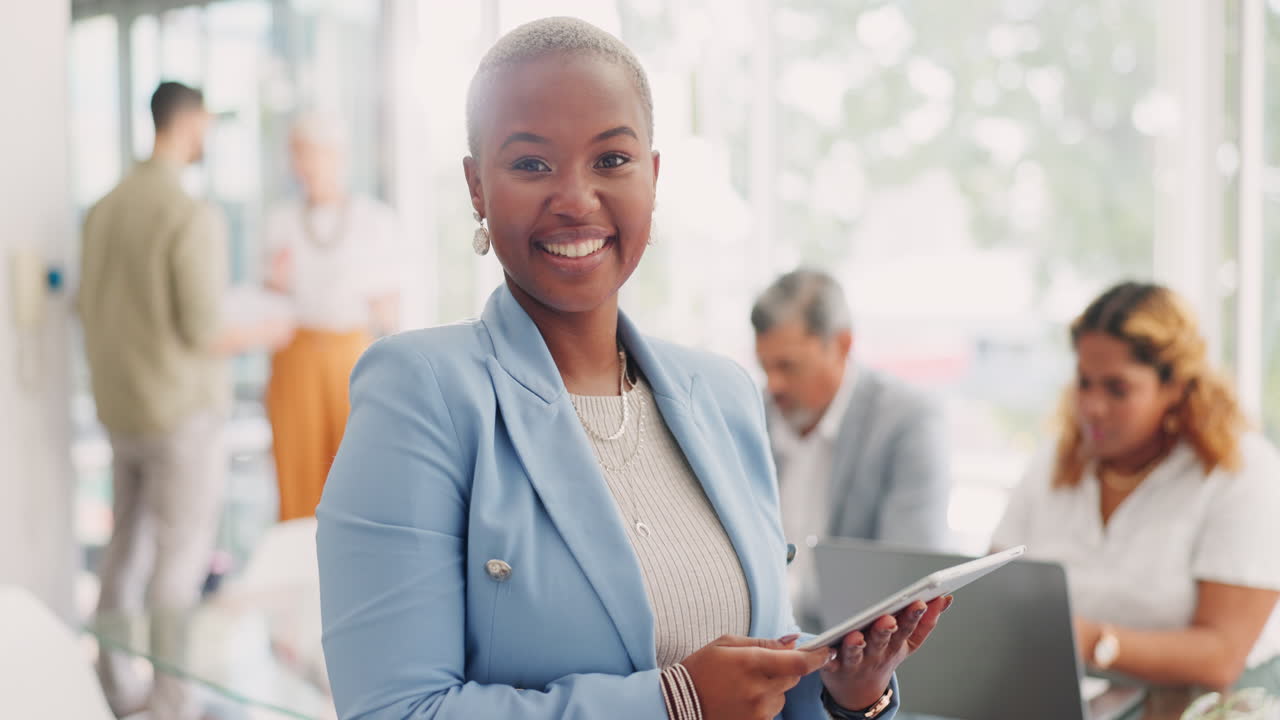 Face, leadership and black woman with tablet