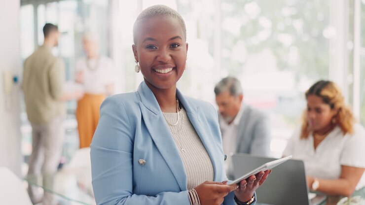 Face, leadership and black woman with tablet