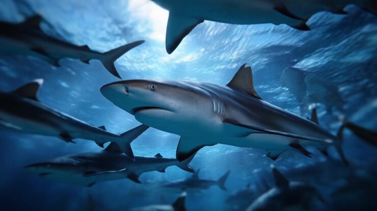 A captivating underwater scene showcasing the dynamic movement and striking features of sharks as they gracefully navigate the depths of the ocean.