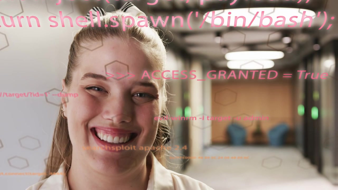 Woman opening eyes smiling in corridor as pink tech overlay expanding and showing ACCESS_GRANTED