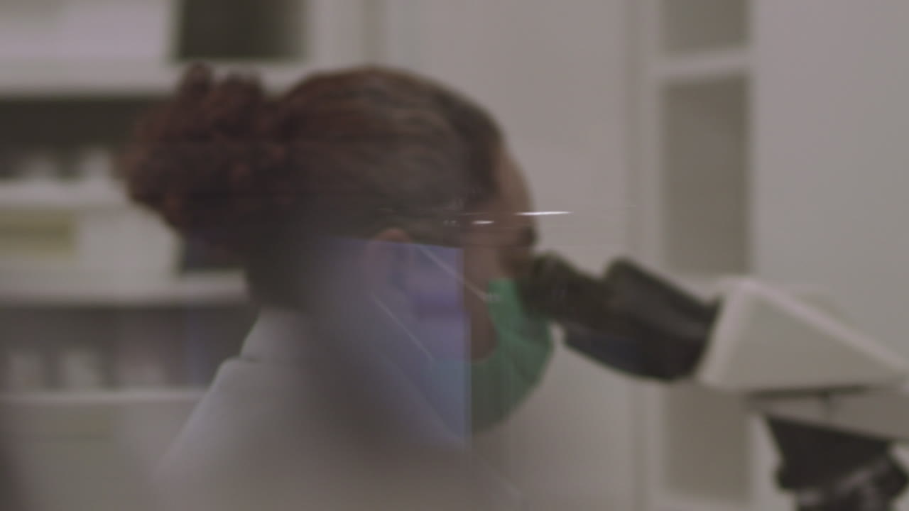 Scienziata osserva al microscopio in un laboratorio