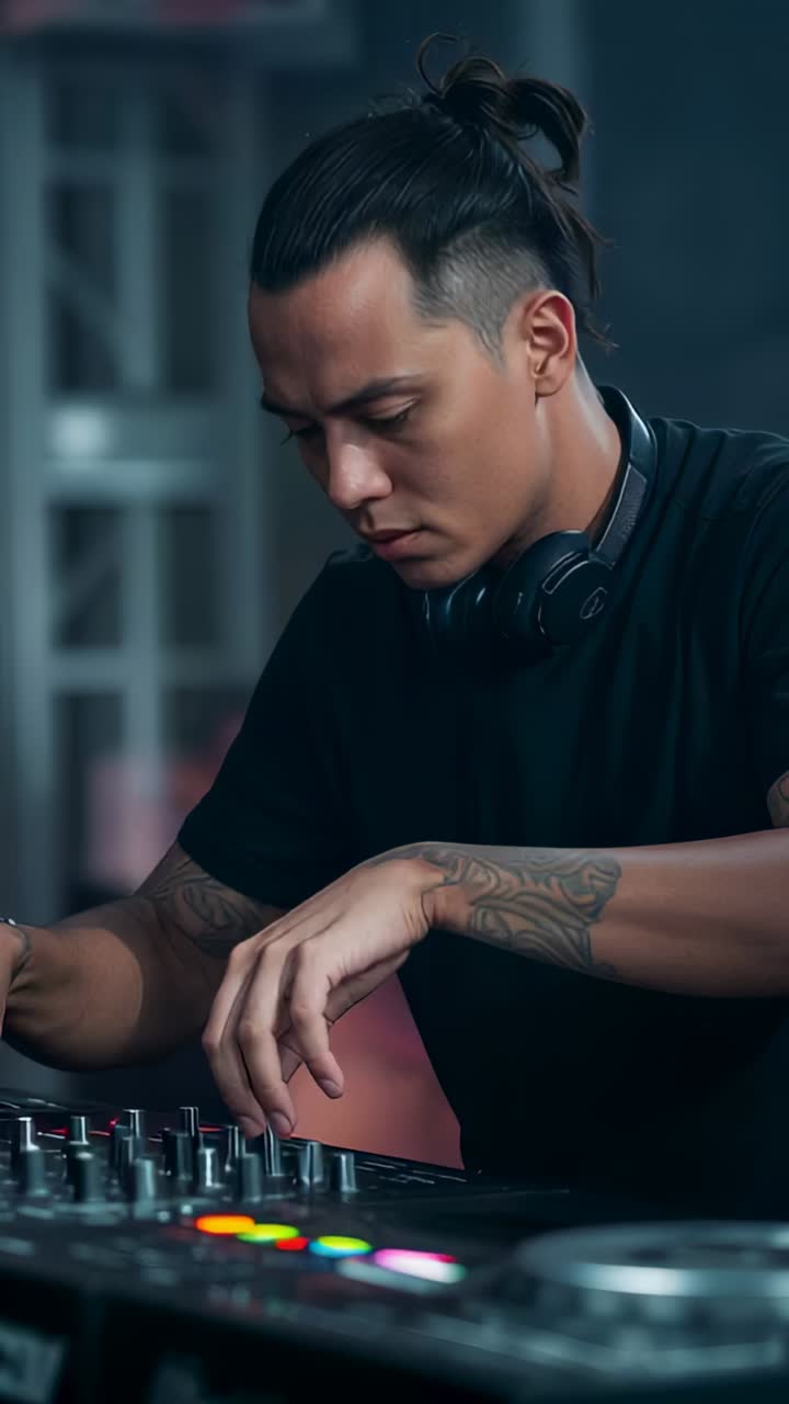 Vertical video: Adjusting DJ in black tee with headphones manipulating mixer on stage, cue arriving