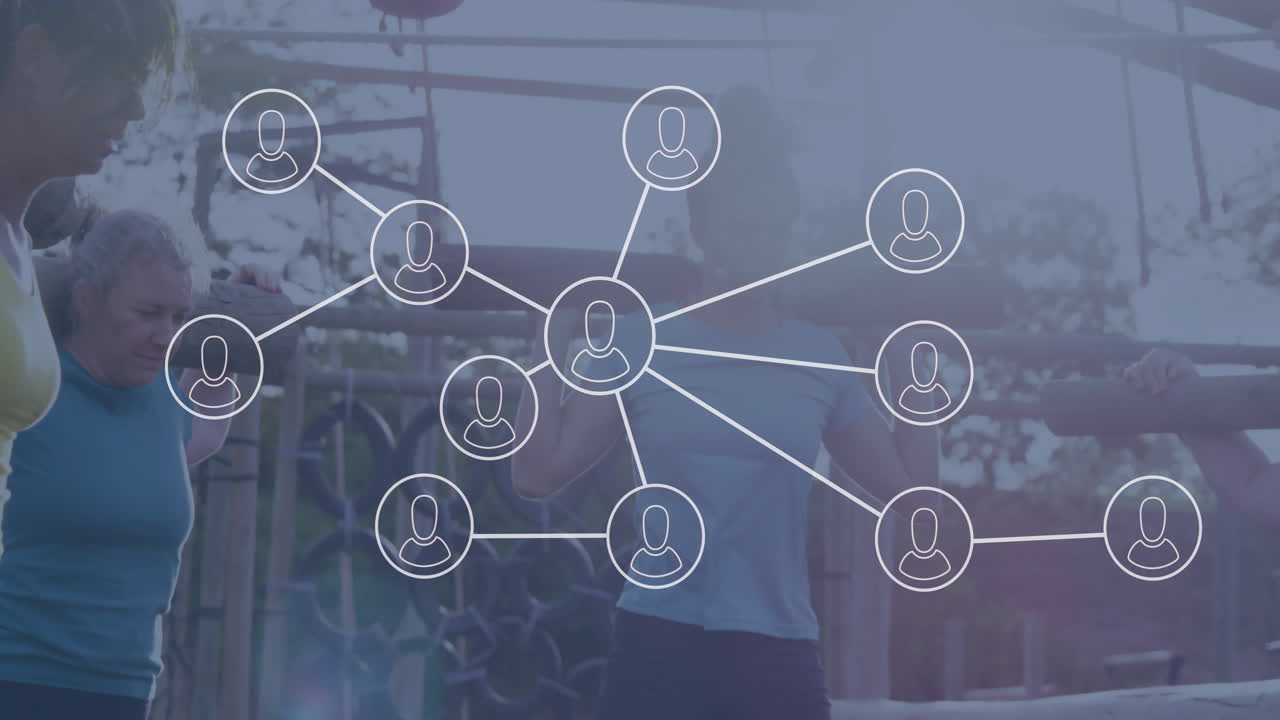 Exercising outdoors, people connected by animated network of lines and nodes