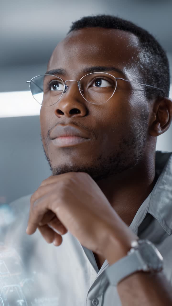 Thoughtful Young Man in Glasses Pondering Ideas in a Modern Workplace Environment with Futuristic Digital Elements and Technology in the Background
