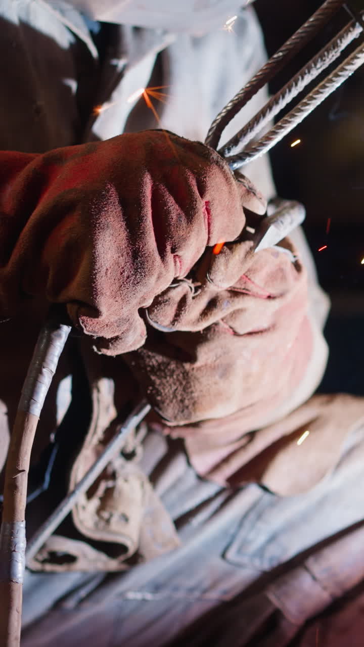 Laborer in gloves welds steel pipeline for boiler house with torch in workshop closeup. Skilled worker joins metal elements at metalworking factory