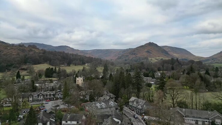 Cinematic aerial video footage of Grasmere vlllage, probably Cumbria’s most popular tourist village