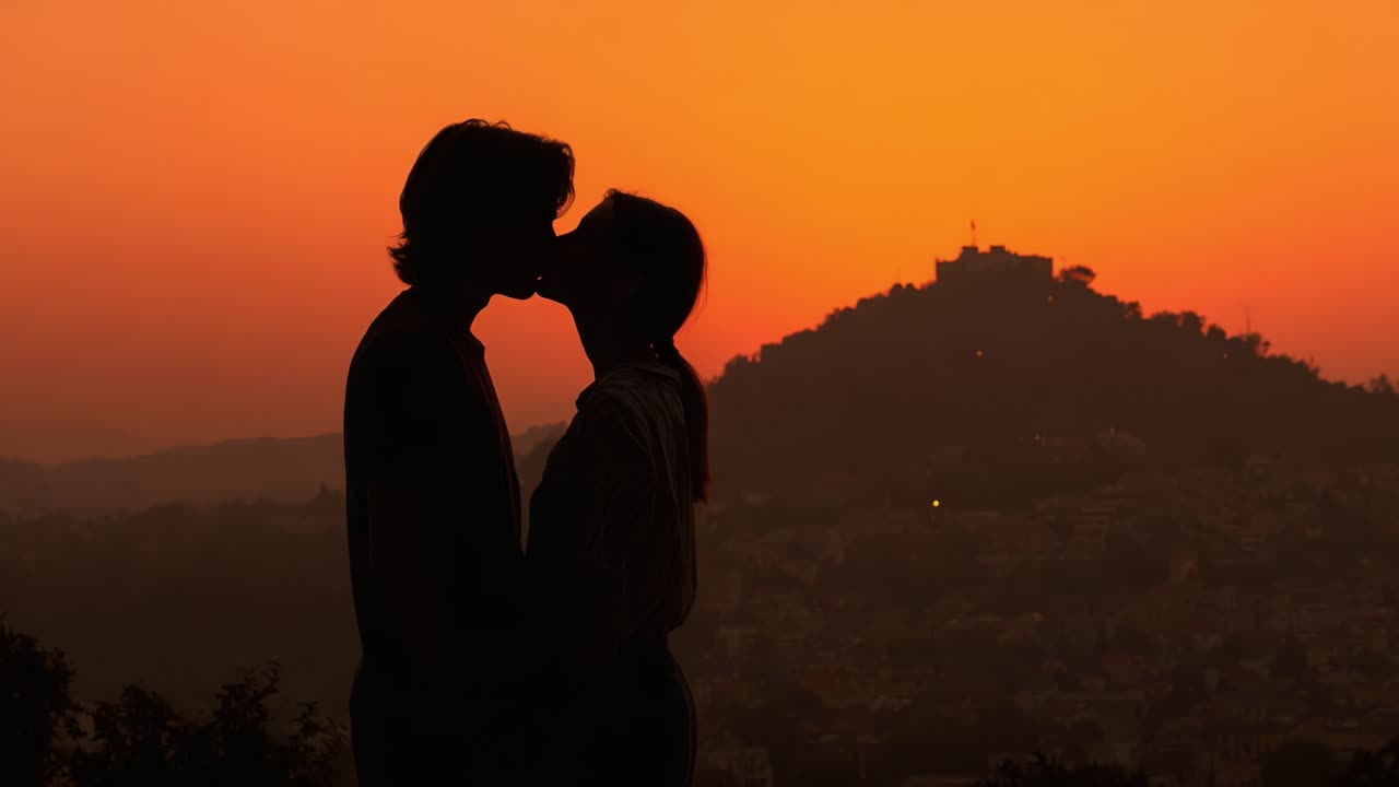 A Romantic Sunset Kiss: Silhouetted Couple Embraces Against a Vivid Orange Horizon, Capturing a Moment of Love and Connection at Dusk