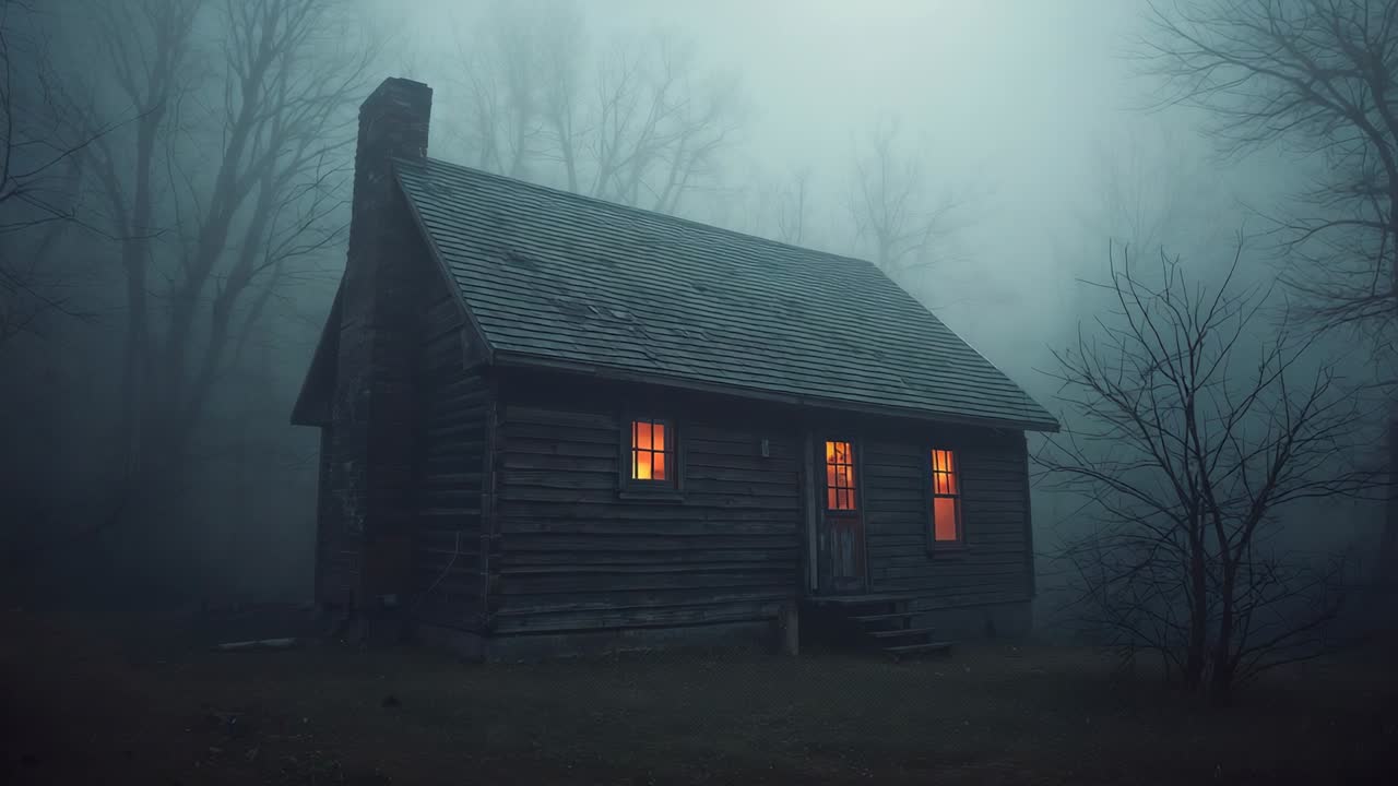 Opening shot showing fog drifting around wooden cabin with illuminated windows in forest clearing