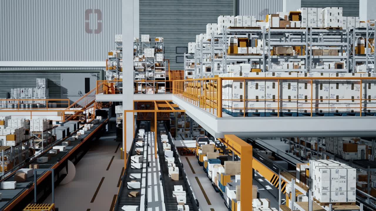 Loop Transmitting Of Packaging Box On The Conveyor Belt, 3D Rendering. Cardboard Boxes In A Large Scale Smart Distribution Warehouse, Production Line