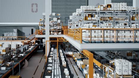 loop transmitting of packaging box on the conveyor belt, 3d rendering. cardboard boxes in a large scale smart distribution warehouse, production line