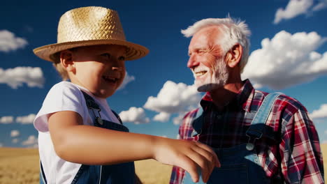 grandfather and grandson smiling in a golden wheat field