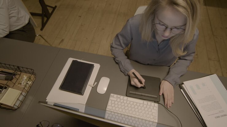 Top View Of A Blonde Female Graphic Designer Drawing On A Digital Tablet At Workplace