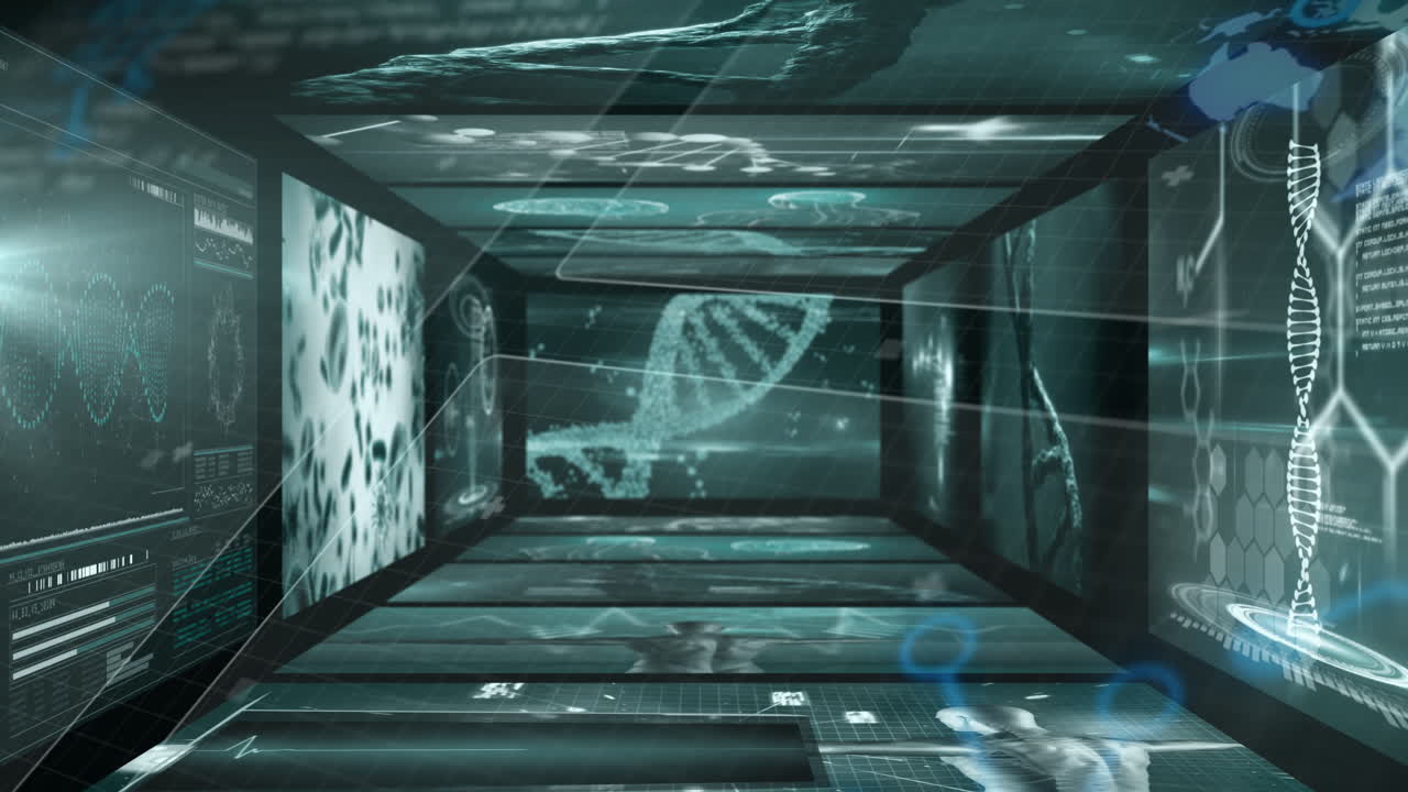 Animation of futuristic digital tunnel with DNA strands in scientific school setting